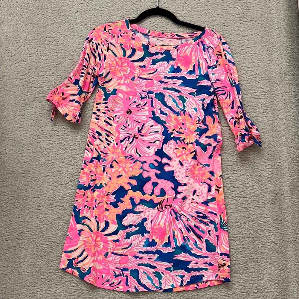 Lilly Pulitzer Pink and Blue Sheath Dress with 3/4 Bell Sleeves